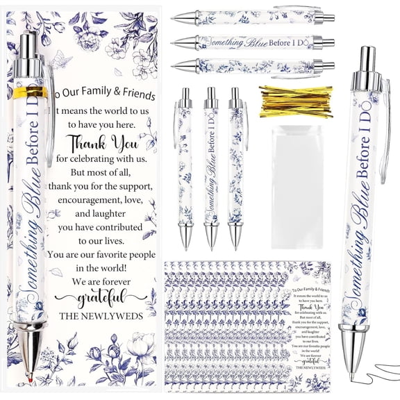 Bridal Shower Ballpoint Pens with Thank You Cards, Retractable Black Ink Pens for Wedding Guest Party Favors (Blue Flower)