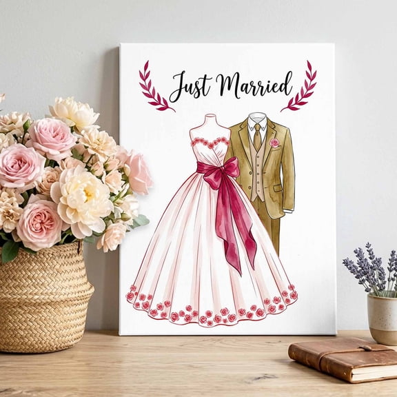 Bridal Shower Canvas Wall Art for Living Room, Just Married Wedding Dress Groom Suit Wall Decor Framed Artwork Pictures Ready to Hang for Bedroom Office Home Decor 8x12 Inch