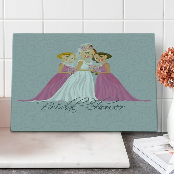 Bridal Shower Cutting Board, Bride and Best Friends Bridesmaid on Floral Ivy Backdrop Art Print, Decorative Tempered Glass Cutting and Serving Board, Large Size, Grey Pink and White, by Ambesonne