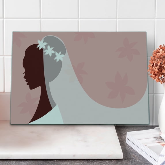 Bridal Shower Cutting Board, Bride in Wedding Dress on Pink Backdrop with Veil Celebration Image, Decorative Tempered Glass Cutting and Serving Board, Large Size, Pale Pink and White, by Ambesonne
