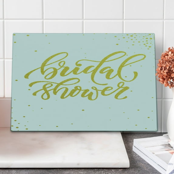 Bridal Shower Cutting Board, Hand Written Sketch Design Ivy Lettering Bride Party with Dots Image, Decorative Tempered Glass Cutting and Serving Board, Large Size, Yellow and White, by Ambesonne