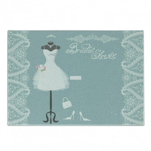 Bridal Shower Cutting Board, Vintage French Inspired Bride Dress with Floral Frames Desiign Print, Decorative Tempered Glass Cutting and Serving Board, Small Size, Pale Blue White, by Ambesonne