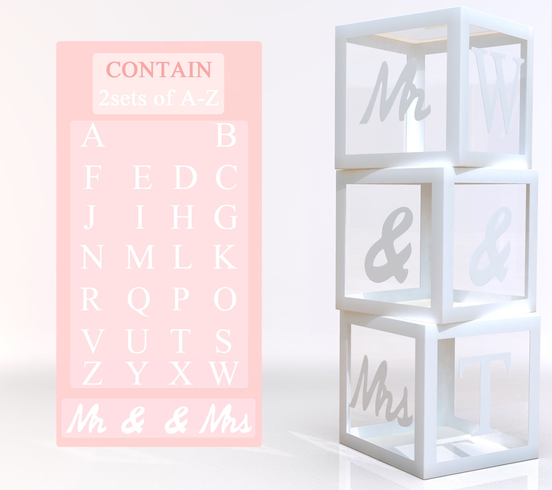Bridal Shower Decorations Balloon Boxes White- Transparent Block with Mr + Mrs + 26 Letters Engagement Bachelorette Parties Weddings Centerpieces Photo Booth Props