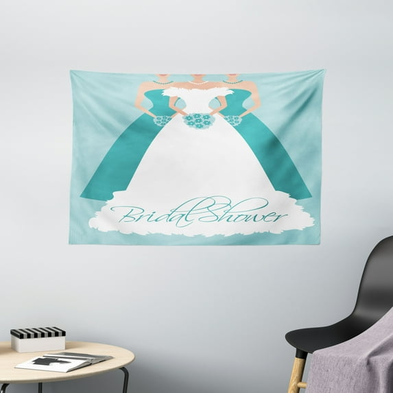 Bridal Shower Decorations Tapestry, Bride with her Bridemaids Flowers Party Artwork, Wall Hanging for Bedroom Living Room Dorm Decor, 60W X 40L Inches, Turquoise Blue and White, by Ambesonne