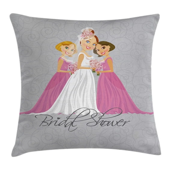 Bridal Shower Decorations Throw Pillow Cushion Cover, Bride and Best Friends Bridesmaid on Floral Ivy Backdrop, Decorative Square Accent Pillow Case, 16 X 16 Inches, Grey Pink and White, by Ambesonne