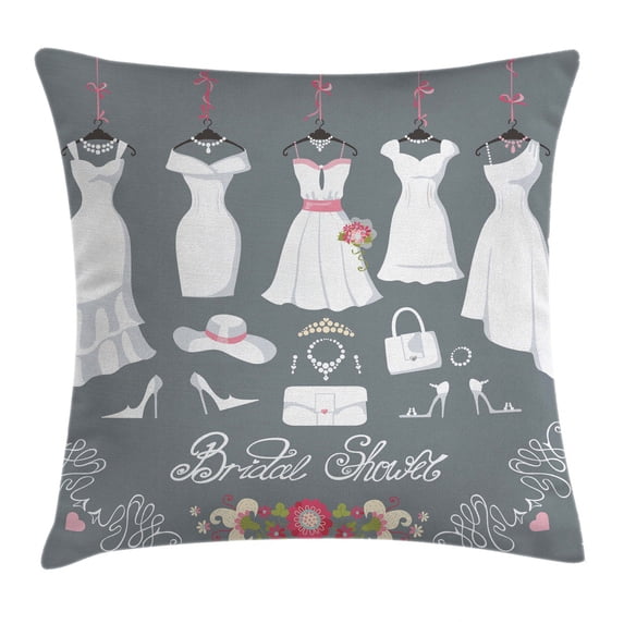 Bridal Shower Decorations Throw Pillow Cushion Cover, Wedding Dress with Bride Details Bags Florals, Decorative Square Accent Pillow Case, 20 X 20 Inches, White Pink and Charcoal Grey, by Ambesonne