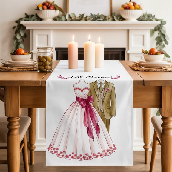 Bridal Shower Dining Table Runner, Just Married Wedding Dress Groom Suit Washable Table Runners Kitchen Coffee Table Center Decor for Home Party Holiday Wedding 13 x 36 Inches