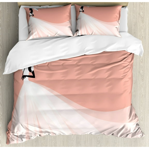 Bridal Shower Duvet Cover Set, Bride in Abstract Romantic Wedding Dress with Umbrella Art Print, Decorative 3 Piece Bedding Set with 2 Pillow Shams, Calking Size, Salmon and White, by Ambesonne