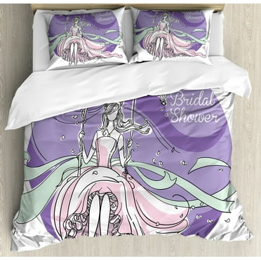 Bridal Shower Duvet Cover Set, Bride Party Themed Image with Swings Florals Wedding Celebration, Decorative 3 Piece Bedding Set with 2 Pillow Shams, Queen Size, Purple and Pale Pink, by Ambesonne