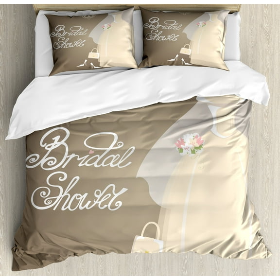 Bridal Shower Duvet Cover Set, Bride Party Wedding Dress Romantic Letterings Design Print, Decorative 3 Piece Bedding Set with 2 Pillow Shams, Queen Size, Pale Brown White, by Ambesonne