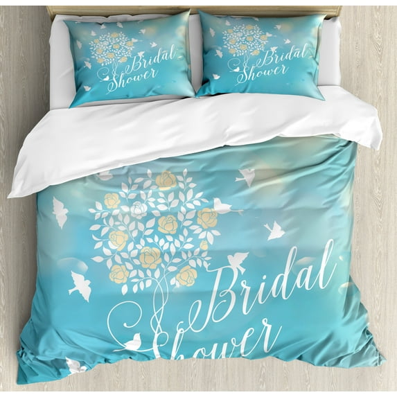 Bridal Shower Duvet Cover Set, Clear Sunny Summer Sky Birds Flowers Bride Party Celebration, Decorative 3 Piece Bedding Set with 2 Pillow Shams, Queen Size, Sky Blue Cream and White, by Ambesonne