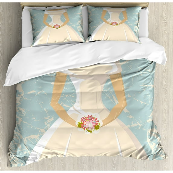 Bridal Shower Duvet Cover Set, Grunge Sketchy Design Backdrop Wedding Bride Dress Vintage Art, Decorative 3 Piece Bedding Set with 2 Pillow Shams, Calking Size, Pale Blue and White, by Ambesonne