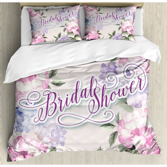 Bridal Shower Duvet Cover Set, Shabby Form Hydrangea Flowers Wedding Bride Celebration Image, Decorative 3 Piece Bedding Set with 2 Pillow Shams, King Size, Purple and Pale Pink, by Ambesonne