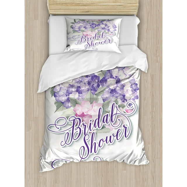 Bridal Shower Duvet Cover Set, Shabby Form Hydrangeas Romantic Bride Flowers Image Art Print, Decorative 2 Piece Bedding Set with 1 Pillow Shams, Twin Size, Purple and Pale Pink, by Ambesonne