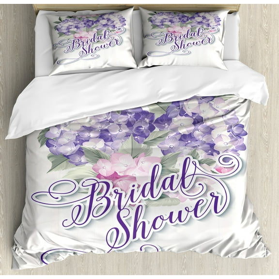 Bridal Shower Duvet Cover Set, Shabby Form Hydrangeas Romantic Bride Flowers Image Art Print, Decorative 3 Piece Bedding Set with 2 Pillow Shams, Calking Size, Purple and Pale Pink, by Ambesonne