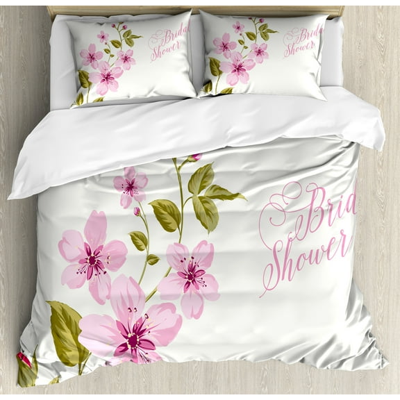 Bridal Shower Duvet Cover Set, Spring Time Flowers Lilacs Bride Celebration Bachelorette Party, Decorative 3 Piece Bedding Set with 2 Pillow Shams, Calking Size, Pale Pink and Green, by Ambesonne