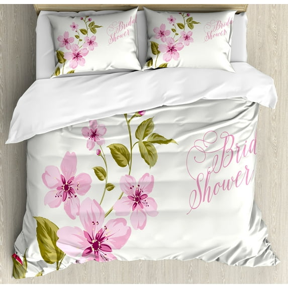 Bridal Shower Duvet Cover Set, Spring Time Flowers Lilacs Bride Celebration Bachelorette Party, Decorative 3 Piece Bedding Set with 2 Pillow Shams, Queen Size, Pale Pink and Green, by Ambesonne