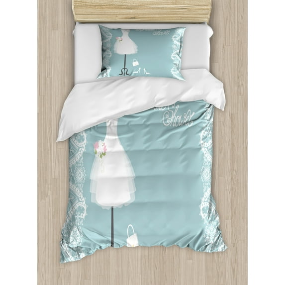 Bridal Shower Duvet Cover Set, Vintage French Inspired Bride Dress with Floral Frames Desiign Print, Decorative 2 Piece Bedding Set with 1 Pillow Shams, Twin Size, Pale Blue White, by Ambesonne