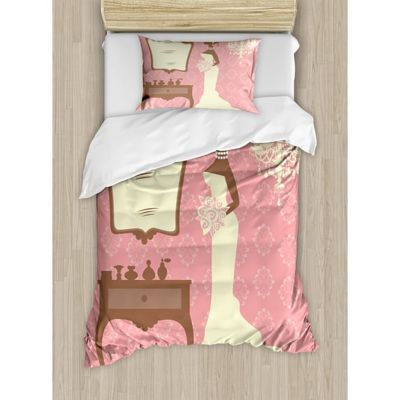 Bridal Shower Duvet Cover Set, Wedding Dress with Flowers and Vanity Swirl Backdrop Celebration, Decorative 2 Piece Bedding Set with 1 Pillow Shams, Twin Size, Coral Brown and White, by Ambesonne