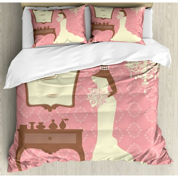 Bridal Shower Duvet Cover Set, Wedding Dress with Flowers and Vanity Swirl Backdrop Celebration, Decorative 3 Piece Bedding Set with 2 Pillow Shams, Queen Size, Coral Brown and White, by Ambesonne