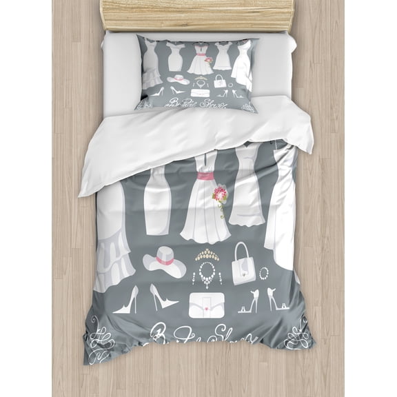 Bridal Shower Duvet Cover Set, White Wedding Dress with Bride Details Bags Florals Print, Decorative 2 Piece Bedding Set with 1 Pillow Shams, Twin Size, Charcoal Grey White, by Ambesonne