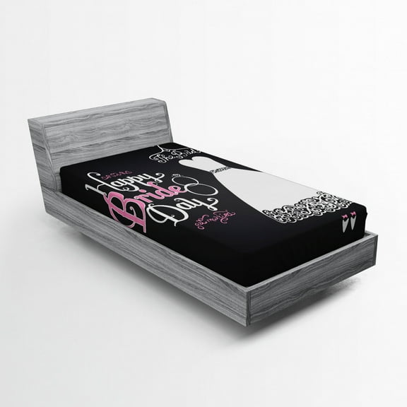 Ambesonne Wedding Fitted Sheet, Happy Bride Day Words, Twin XL Size, Black White and Pink