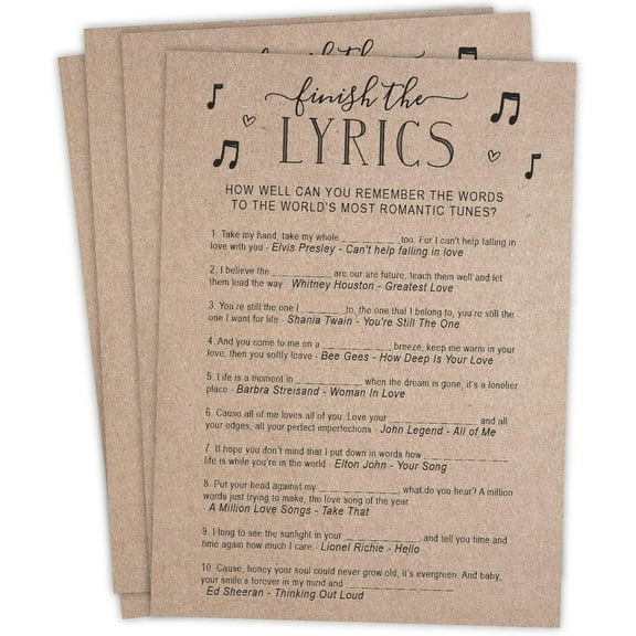 Bridal Shower Games  Fun Activities in Kraft Minimalist Style, Finish The Lyrics Game with Kraft Design