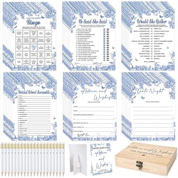 Bridal Shower Games Set for 50 Guests Includes Bingo, He Said She Said, Scramble, Would She Rather, Advice and Wishes Wedding Games Double Sided with Wooden Box, 20 Pencils(Blue Floral)