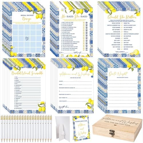 Bridal Shower Games Set for 50 Guests Includes Bingo, He Said She Said, Scramble, Would She Rather, Advice and es Wedding Games Double Sided with Wooden Box, 20 Pencils (Lemon)