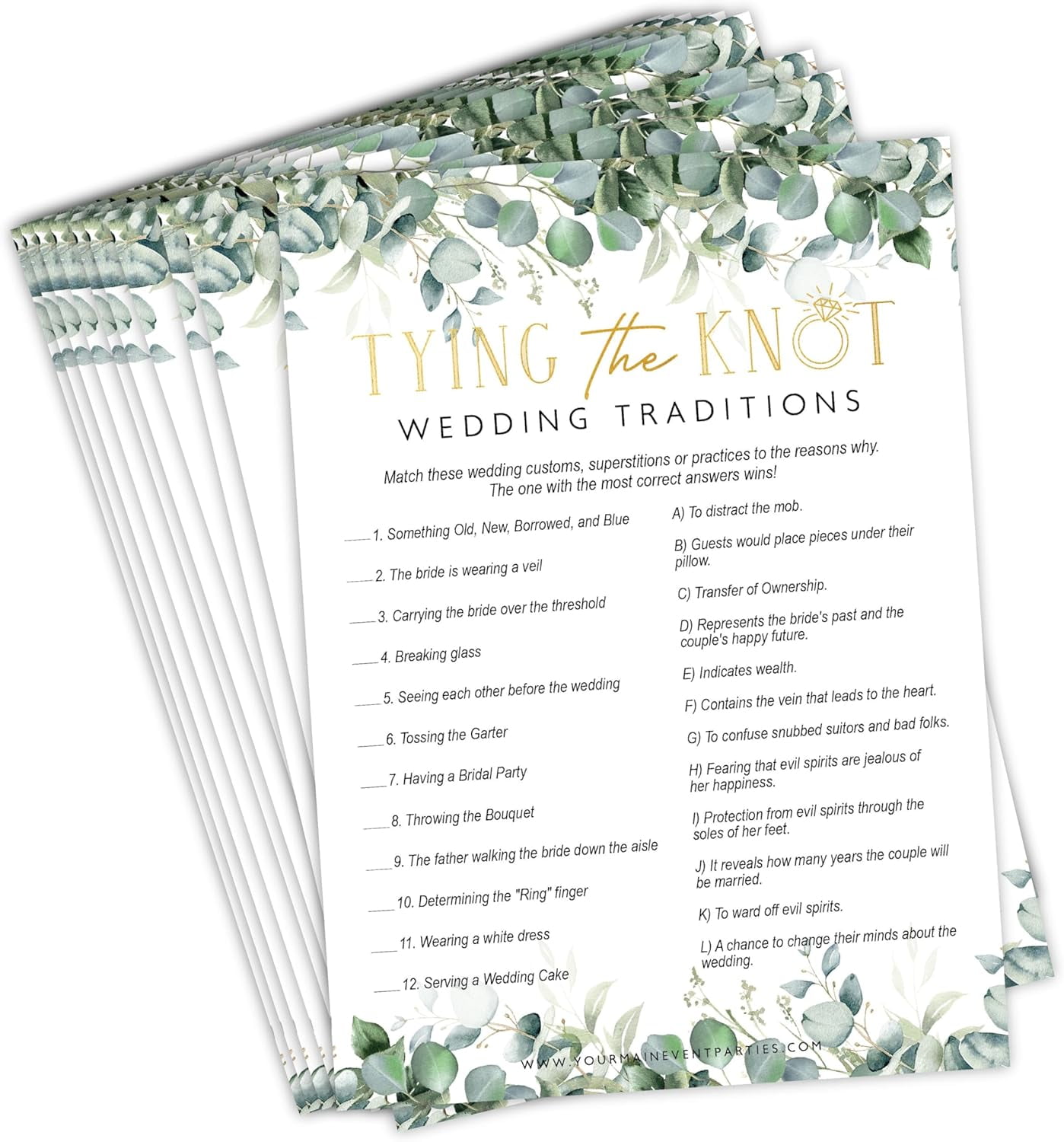 Bridal Shower Games Tying The Knot Wedding Traditions Trivia, 50 Cards Included (Eucalyptus)