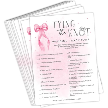Bridal Shower Games Tying The Knot Wedding Traditions Trivia, 50 Cards Included (Pink Bow)