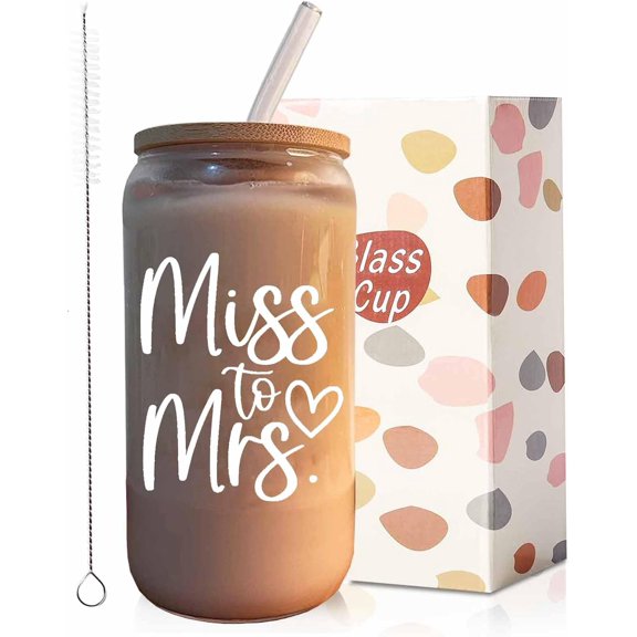 Bridal Shower Gift, Miss To Mrs Funny Glass Cup, Wedding Gift for Bride, Bridal Glass Cup With Lids and Straws, 16 oz Can Shaped Drinking Glass for Bride to Be