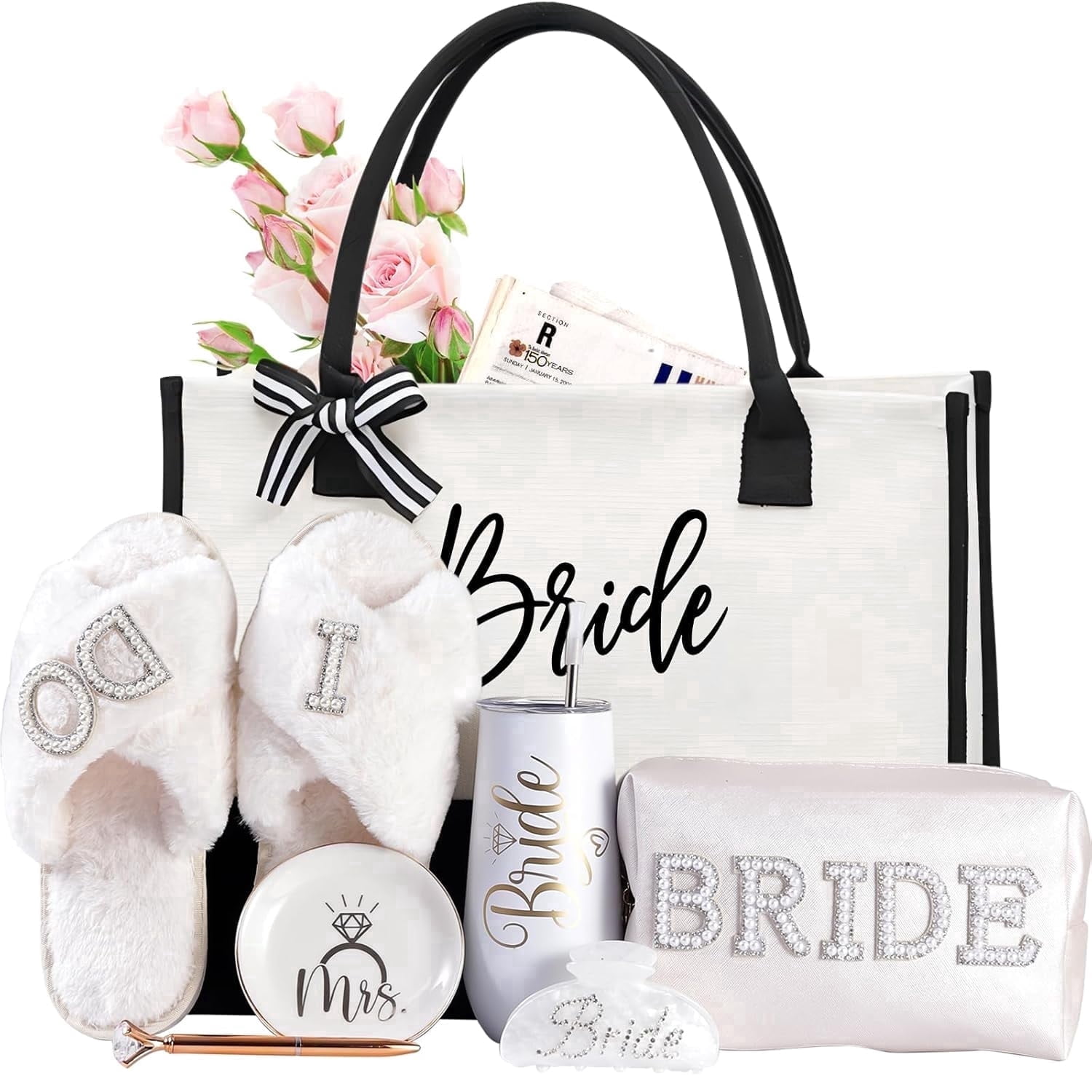 Bride To Be Gift Set ,7Ps Bride Gift Set with Tumbler,Makeup Bag, Slippers, Hair Clip,Ring Dish,Diamond Shaped pen for Bridal Shower Gifts, Wedding Gifts for Bride,Bachelorette Gifts for Bride