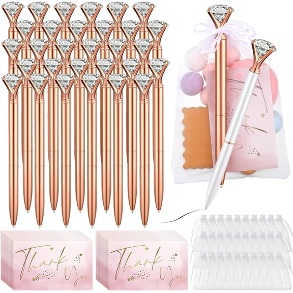 Bridal Shower Pens Diamond Set Wedding Crystal Pens Organza Bags Cards Bridesmaid Bling Metal Ballpoint Pen