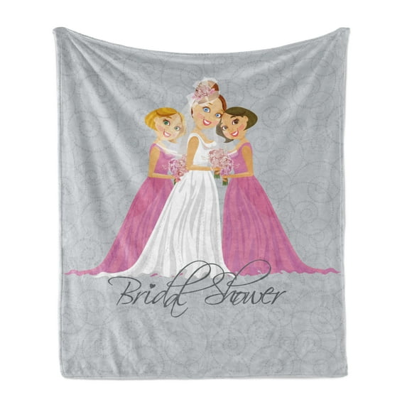 Bridal Shower Soft Flannel Fleece Blanket, Bride and Best Friends Bridesmaid on Floral Ivy Backdrop Art Print, Cozy Plush for Indoor and Outdoor Use, 70" x 90", Grey Pink and White, by Ambesonne