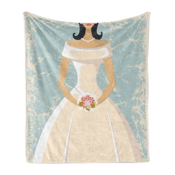 Bridal Shower Soft Flannel Fleece Blanket, Grunge Sketchy Design Backdrop Wedding Bride Dress Vintage Artwork, Cozy Plush for Indoor and Outdoor Use, 50" x 60", Pale Blue and White, by Ambesonne