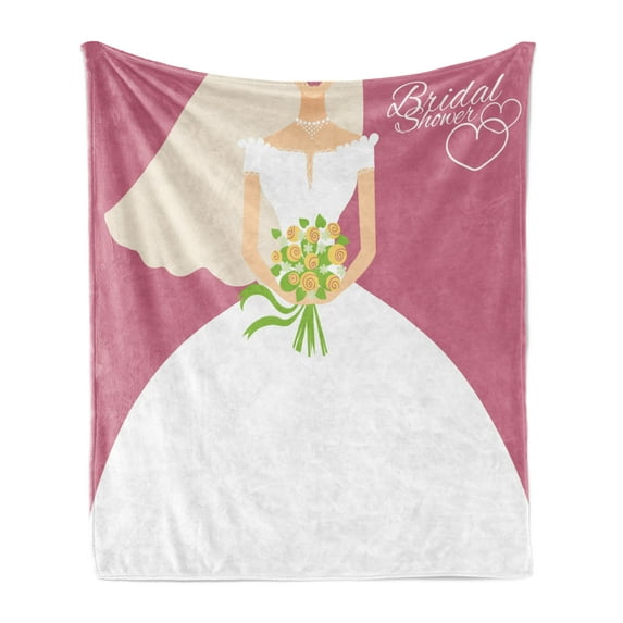 Bridal Shower Soft Flannel Fleece Blanket, Wedding Day Celebration Bride Plain Colored Dress and Flowers Image, Cozy Plush for Indoor and Outdoor Use, 50" x 70", Dark Coral and White, by Ambesonne