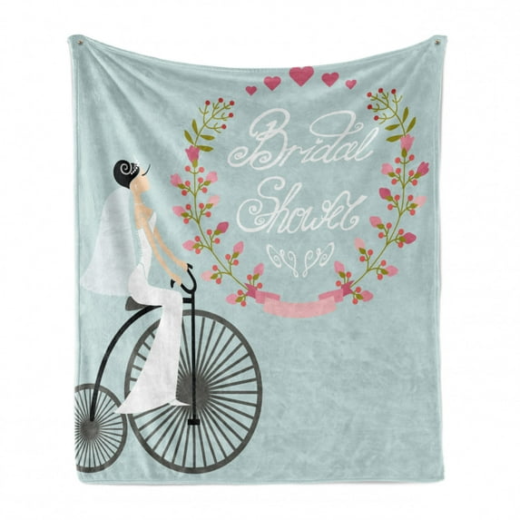 Bridal Shower Soft Flannel Fleece Throw Blanket, Bride in Wedding Dress Bicycle Flowers Celebration Image, Cozy Plush for Indoor and Outdoor Use, 50" x 60", Charcoal Grey Baby Blue, by Ambesonne