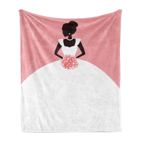 Bridal Shower Soft Flannel Fleece Throw Blanket, Wedding Dress with Flowers Abstract Backdrop Celebration Print, Cozy Plush for Indoor and Outdoor Use, 50" x 70", Black White and Salmon, by Ambesonne