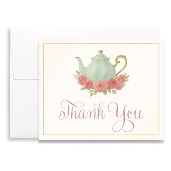 Bridal Shower Thank You Cards with Envelopes | Tea Cup English Rose Floral Folding Notes Wedding Party | Set of 50