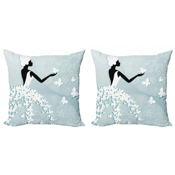 Ambesonne Floral Throw Pillow Cover 2 Pack, Butterfly Dress, 24", Pale Blue and White
