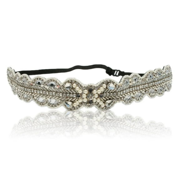 Bridal Thin Pearl Crystal Rhinestone Diamond Headband Adjustable Elastic Headband