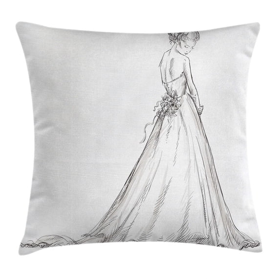 Bridal Throw Pillow Cushion Cover, Fairytale Ending of a Love Story Princess Sketchy Bride with Flowers Image, Decorative Square Accent Pillow Case, 24 X 24 Inches, Black and White, by Ambesonne