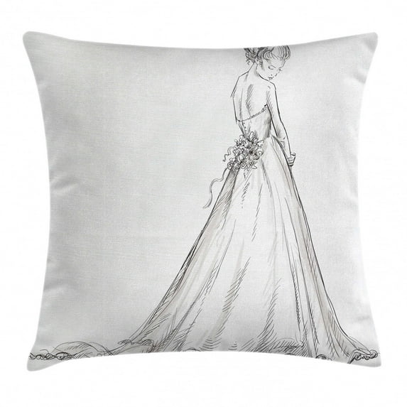 Bridal Throw Pillow Cushion Cover, Fairytale Ending of a Love Story Princess Sketchy Bride with Flowers Image, Decorative Square Accent Pillow Case, 20 X 20 Inches, Black and White, by Ambesonne