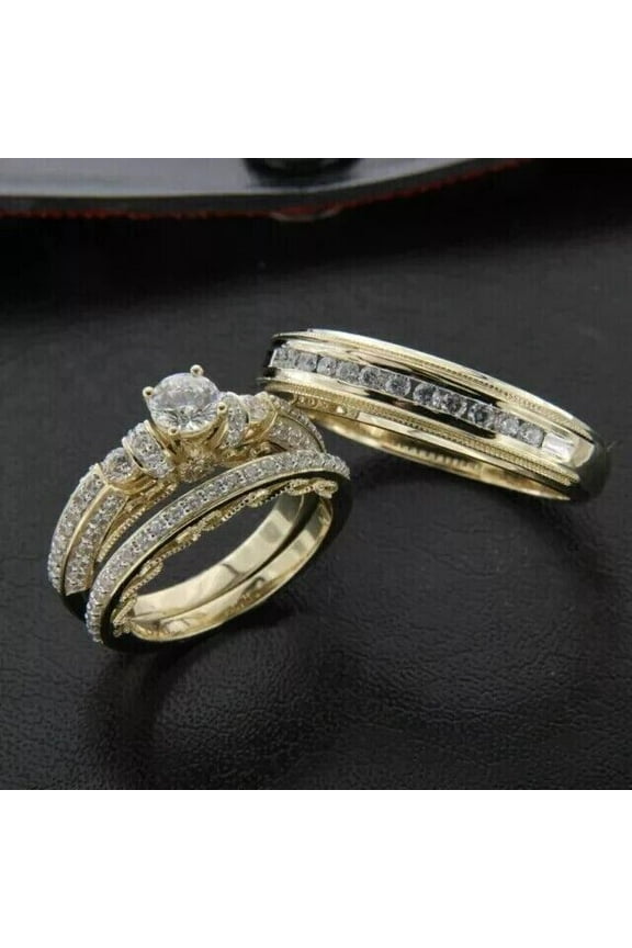 Bridal Trio Wedding Ring Set For Couple 14k Yellow Gold Plated 3ct Real Moissanite -10