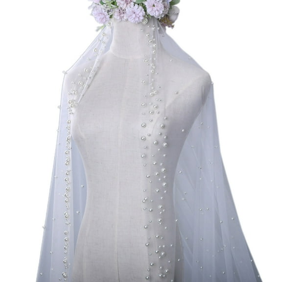 Bridal Veil One-Layer Cut Edge Pearls Decoration Illusion Tulle Long Drop Chapel Veils for Bride Elegant Photo Props