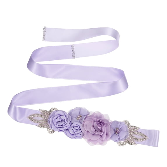 Bridal Waist Belt, 102 Inch Satin Bridal Wedding Dress Belt Handmade with Flowers Pearls Crystal Rhinestone Ribbon Sash for Bride, Light Purple