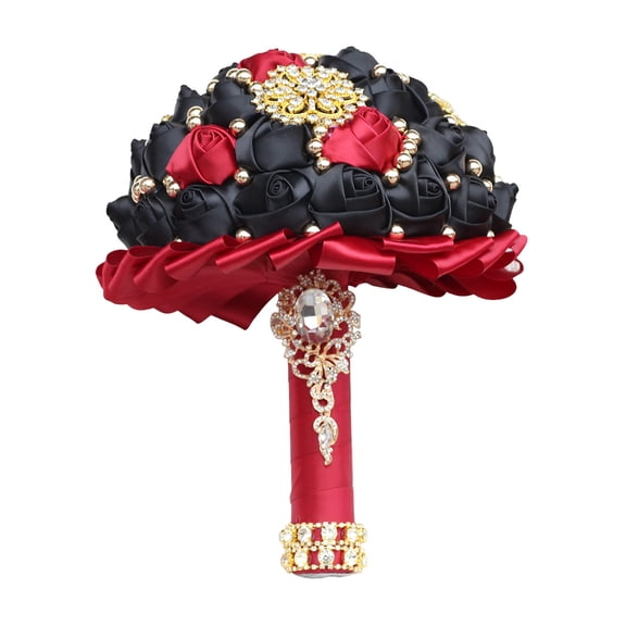 Bridal Wedding Bouquet with Diamond Pearl Ribbon - Handmade Satin Rose Round Bouquet for Bride, Bridesmaid, Valentine's Day, Quinceanera & Toss Ceremony (Black,9.8"x7")