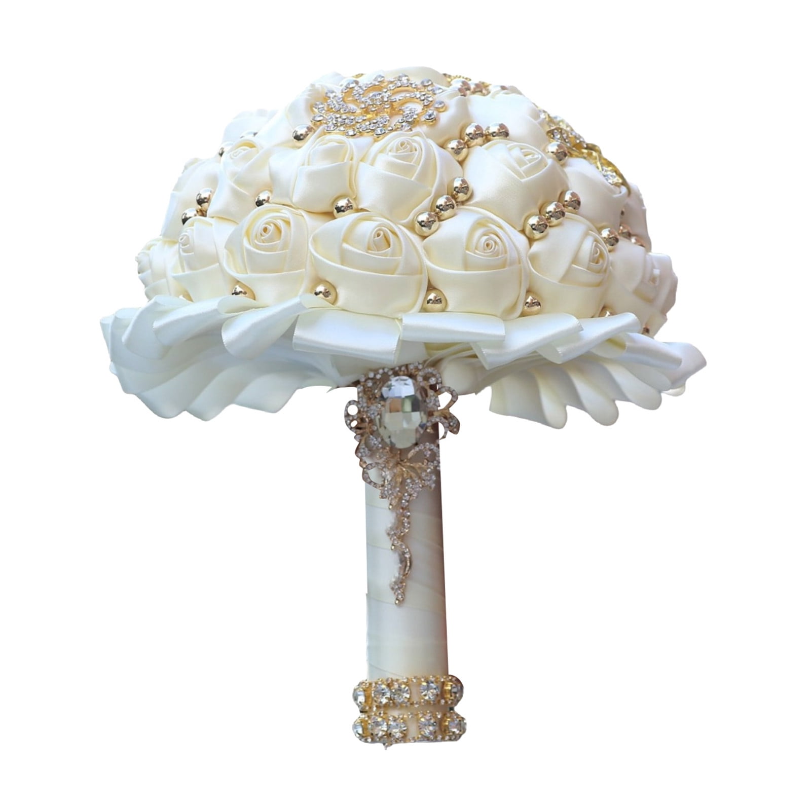 Bridal Wedding Bouquet with Diamond Pearl Ribbon - Handmade Satin Rose Round Bouquet for Bride, Bridesmaid, Valentine's Day, Quinceanera & Toss Ceremony (Cream,9.8"x7")