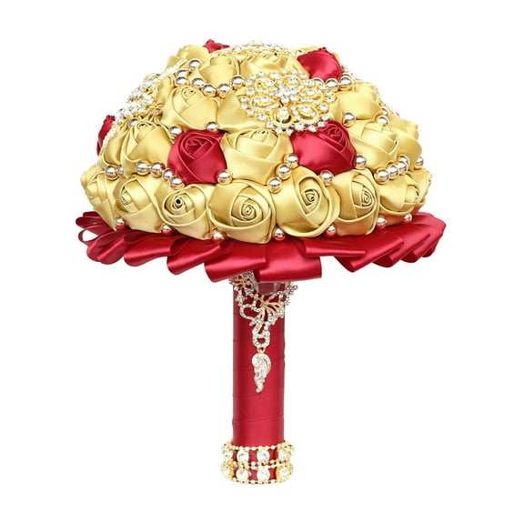 Bridal Wedding Bouquet with Diamond Pearl Ribbon - Handmade Satin Rose Round Bouquet for Bride, Bridesmaid, Valentine's Day, Quinceanera & Toss Ceremony (Gold,11"x9.5")